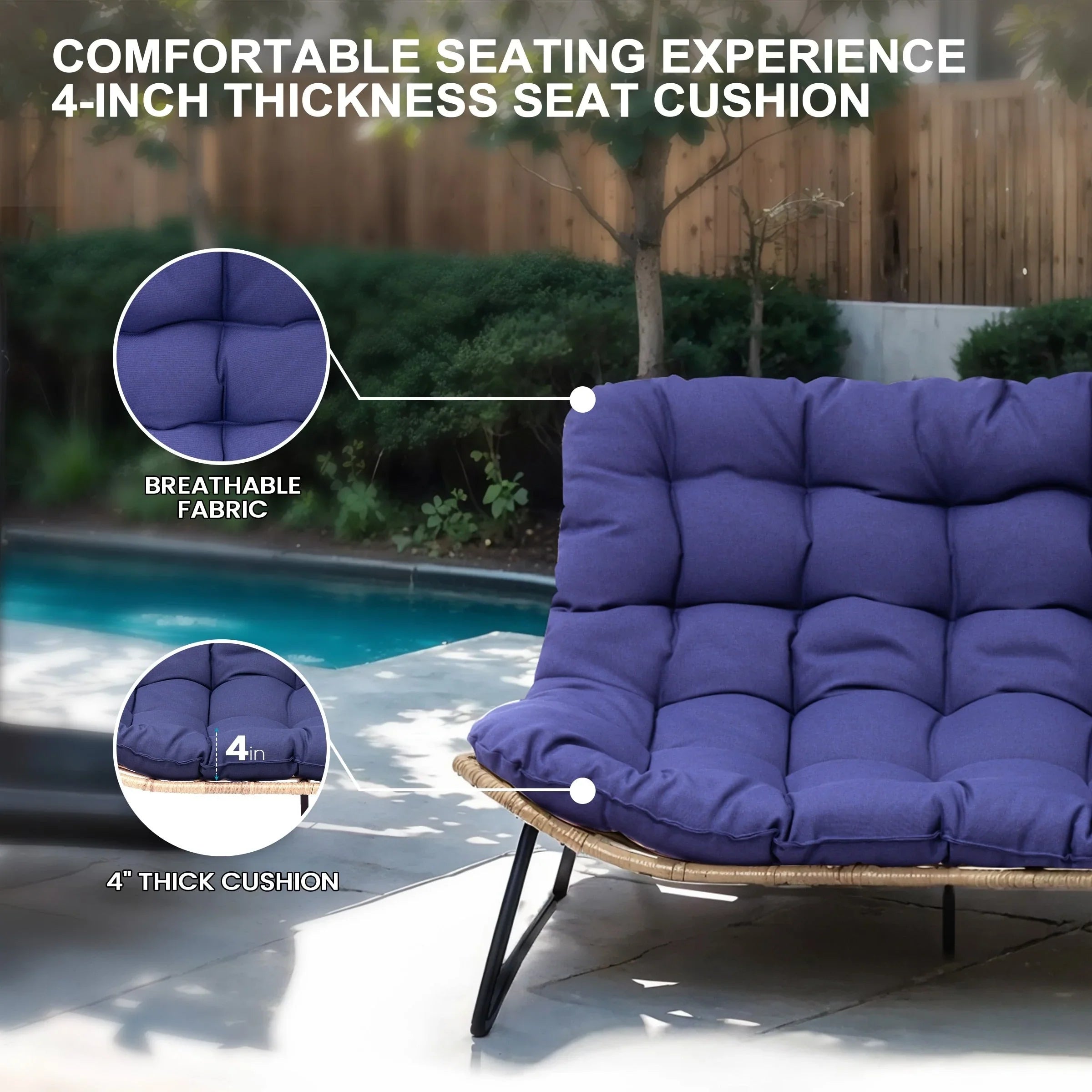 Sofá biplaza doble Papasan con cojín, ratán PE para todo tipo de clima y estructura metálica para interior/exterior
