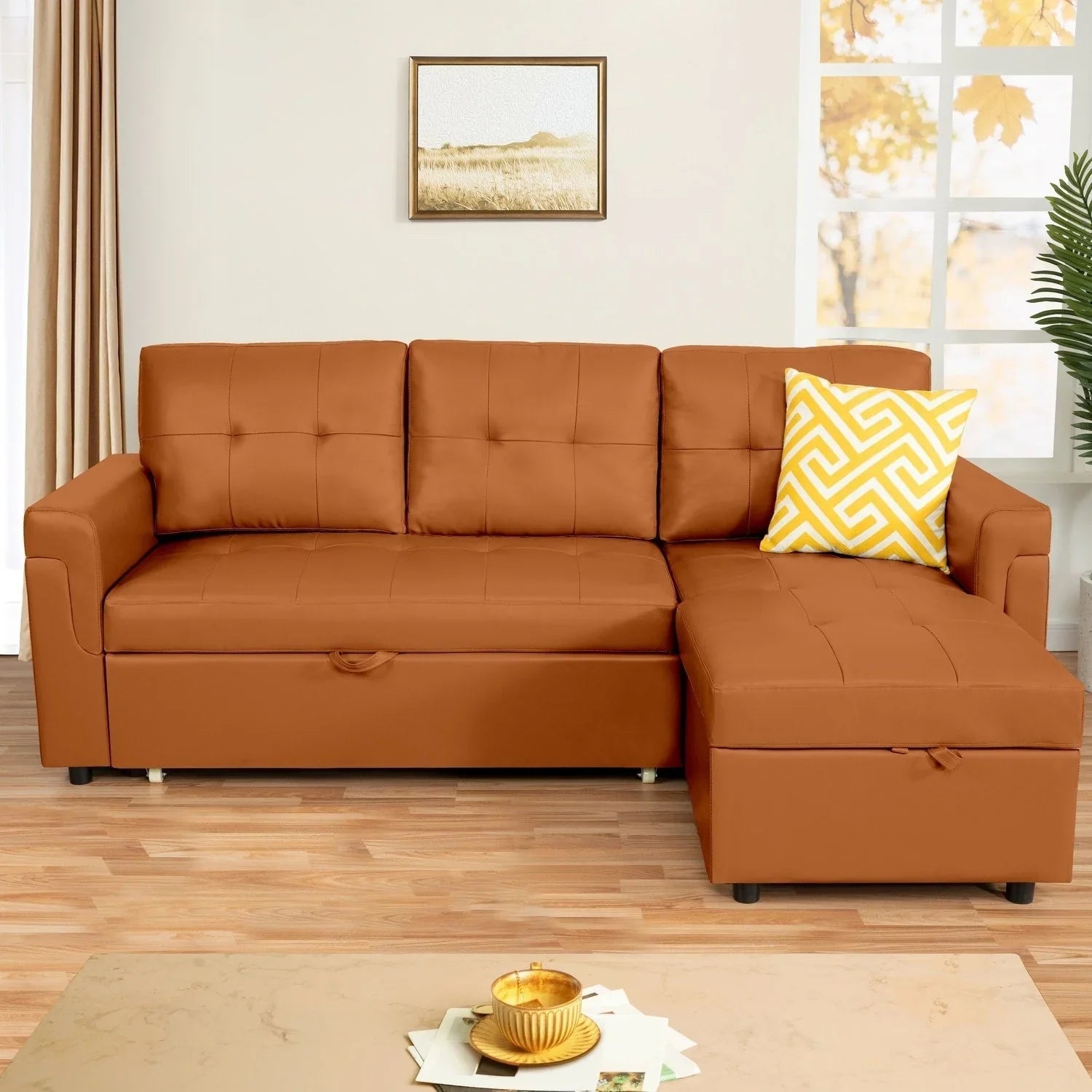 Sofá seccional reversible convertible con cama extraíble, chaise longue con almacenamiento oculto y patas duraderas