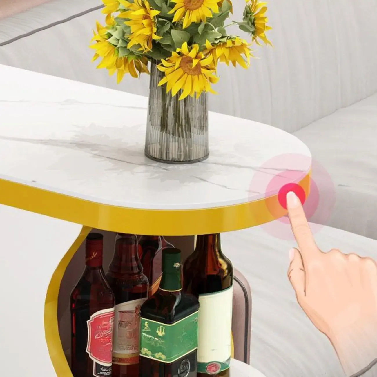 Mesa de bar moderna con tope de piedra de forma libre y almacenamiento para bares en casa