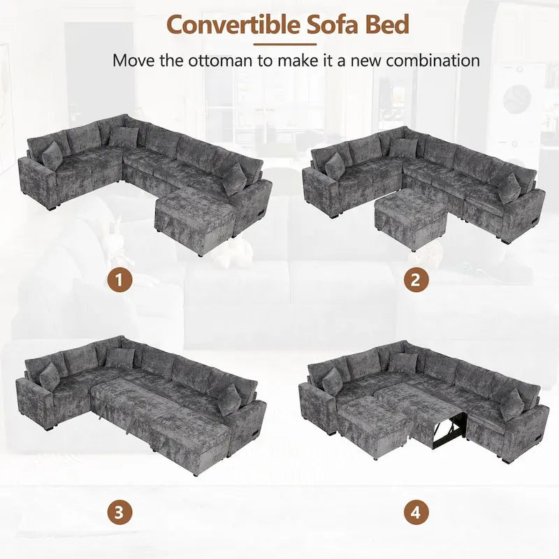 Sofá seccional de chenilla con sofá cama extraíble, sofá cama en forma de L con otomana de almacenamiento, 3 almohadas y dispositivos de carga