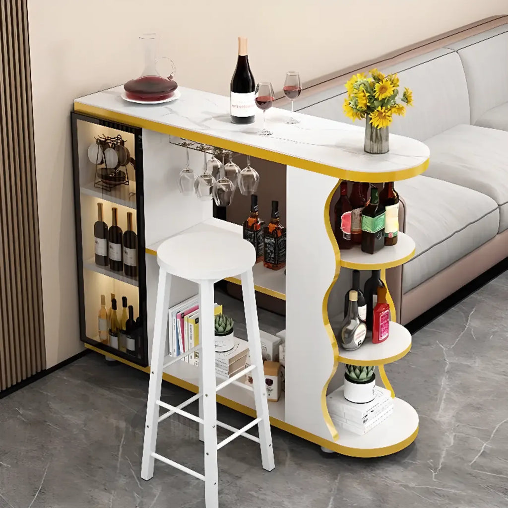 Mesa de bar moderna con tope de piedra de forma libre y almacenamiento para bares en casa