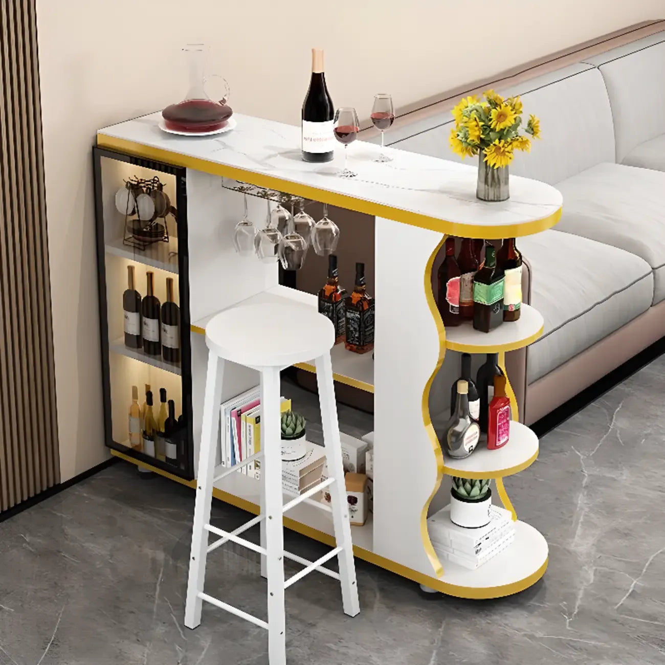 Mesa de bar moderna con tope de piedra de forma libre y almacenamiento para bares en casa