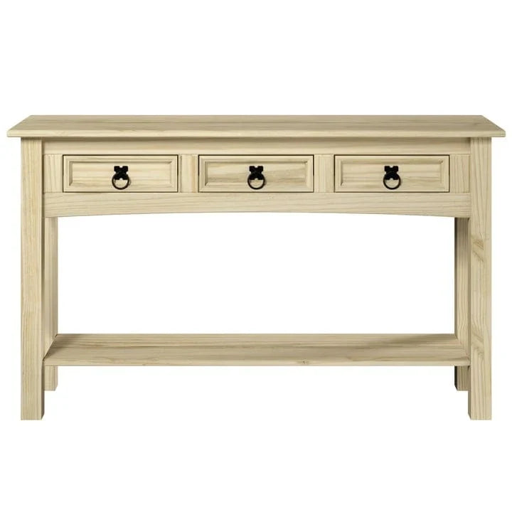 Mesa Consola de Pasillo Rústica de Pino Macizo, Blanqueado / Marrón Antiguo / Lavado Gris / Sin Pintar, 3 Cajones