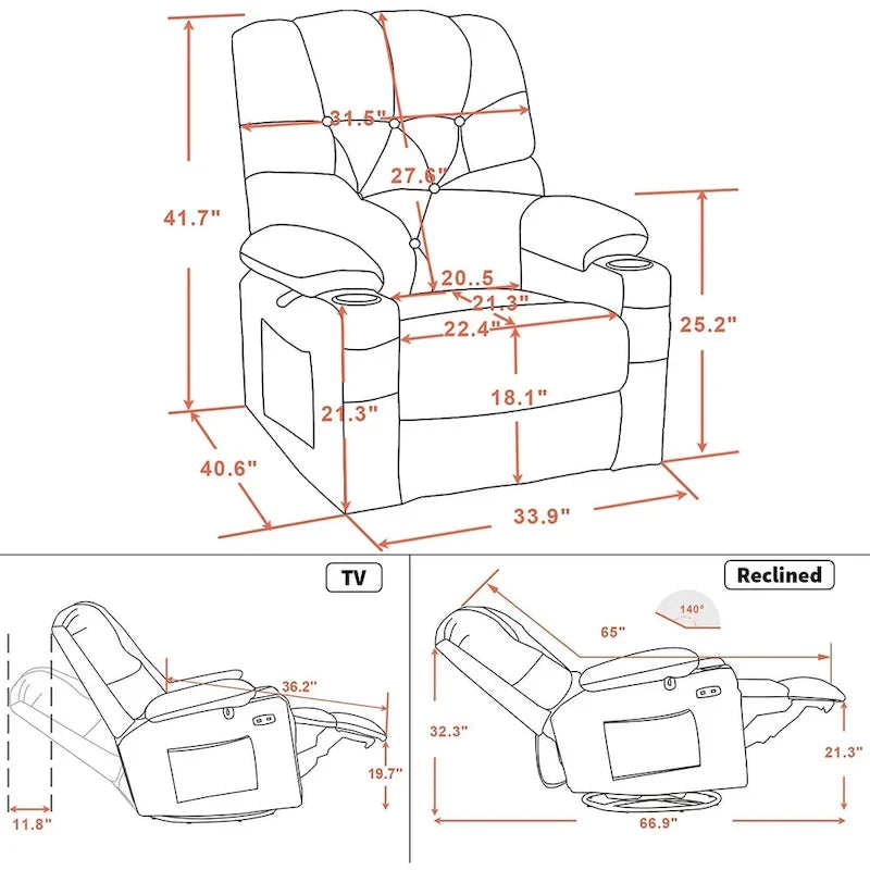Sillón reclinable giratorio eléctrico con planeador, portavasos y puertos USB, tela, asiento individual