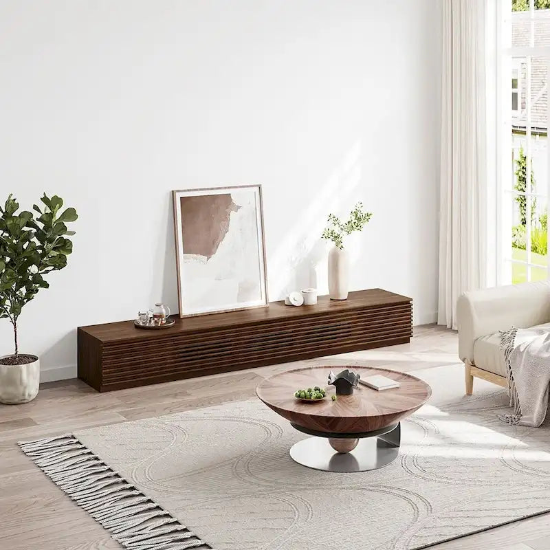 Mueble de TV Minimalista con CajonesMueble de TV de Madera Maciza con Armarios, Puerta Abatible, Chapa de Nogal, Completamente Ensamblado