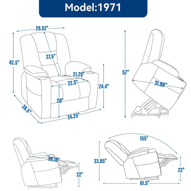 Sillón reclinable Power Lift con masaje y calor, reclinables anchos Lazy Boy extragrandes con USB, puertos tipo C y 2 portavasos de acero