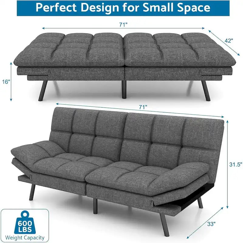 Sofá Cama Futón de Espuma Viscoelástica Convertible con Respaldo Dividido Ajustable para Espacios Pequeños