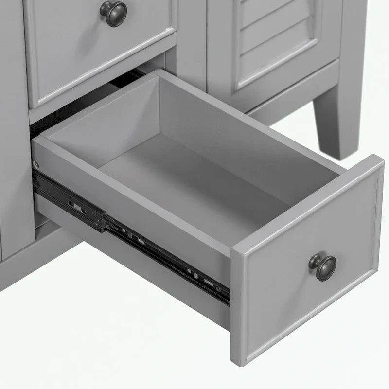 Mueble de baño con lavabo cerámico, dos armarios y cinco cajones