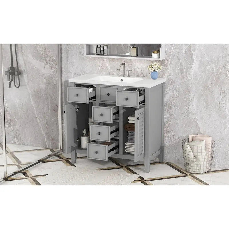 Mueble de baño con lavabo cerámico, dos armarios y cinco cajones