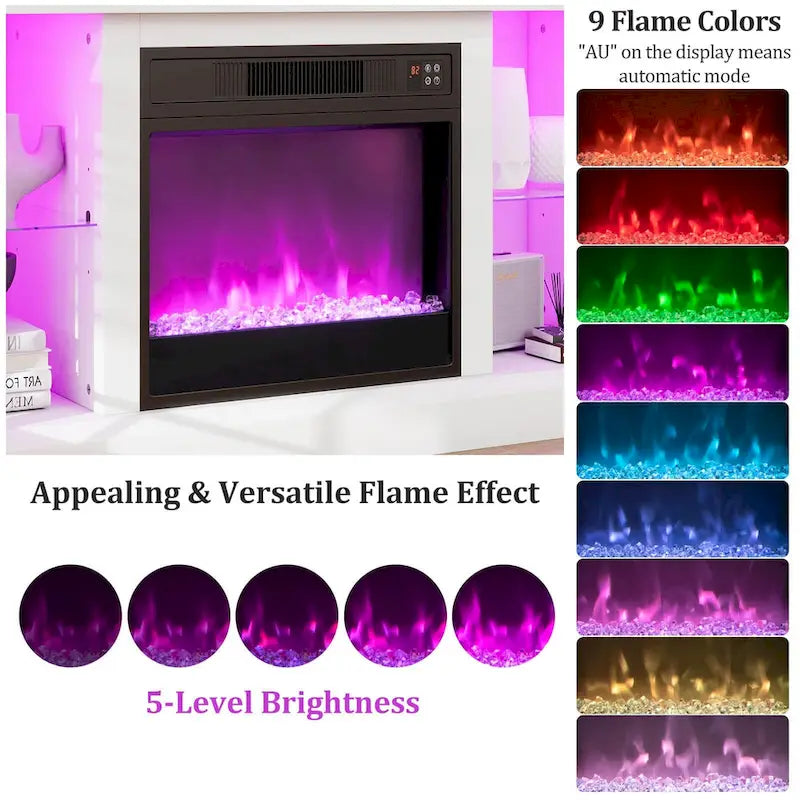Mueble para TV con chimenea eléctrica, luces LED y mandos a distancia