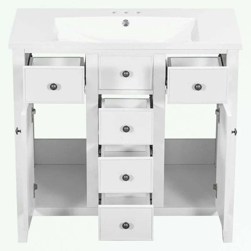 Mueble de baño con lavabo cerámico, dos armarios y cinco cajones