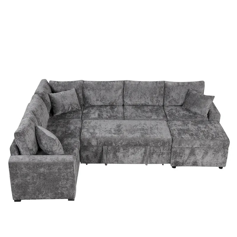 Sofá seccional de chenilla con sofá cama extraíble, sofá cama en forma de L con otomana de almacenamiento, 3 almohadas y dispositivos de carga