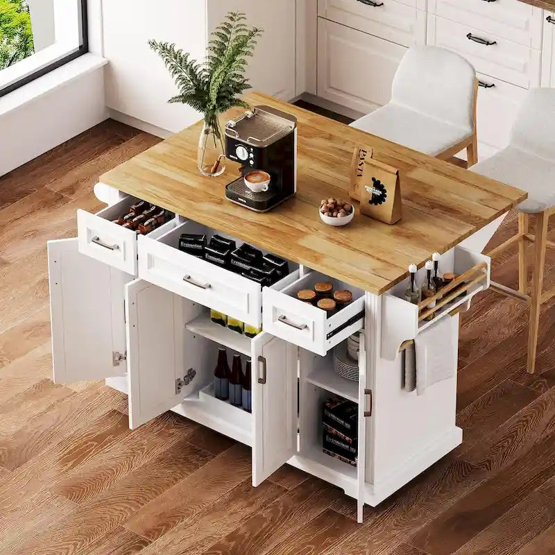 Isla de cocina grande con hoja abatible de madera, carrito de cocina con textura en relieve, puertas y cajones con almacenamiento para cocina, blanco