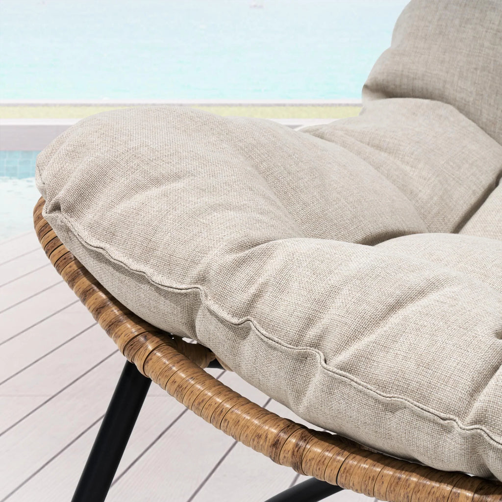 Sofá biplaza doble Papasan con cojín, ratán PE para todo tipo de clima y estructura metálica para interior/exterior