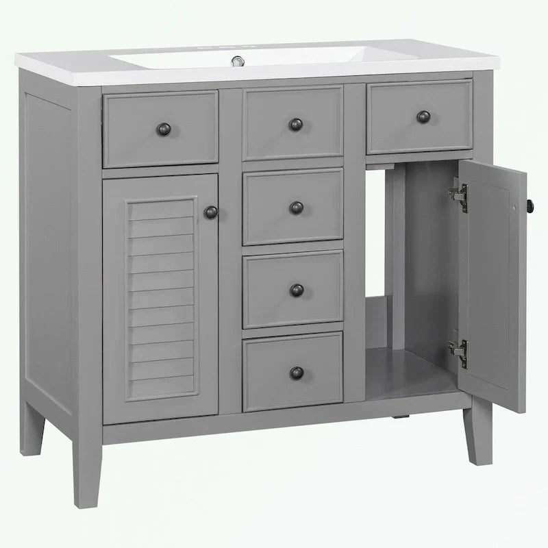 Mueble de baño con lavabo cerámico, dos armarios y cinco cajones