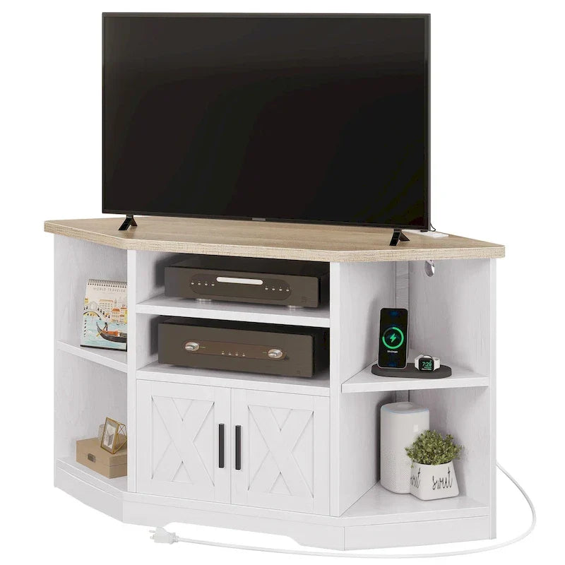 Mueble esquinero para TV estilo rústico, centro de entretenimiento y consola multimedia para televisores de hasta 55 pulgadas con toma de corriente