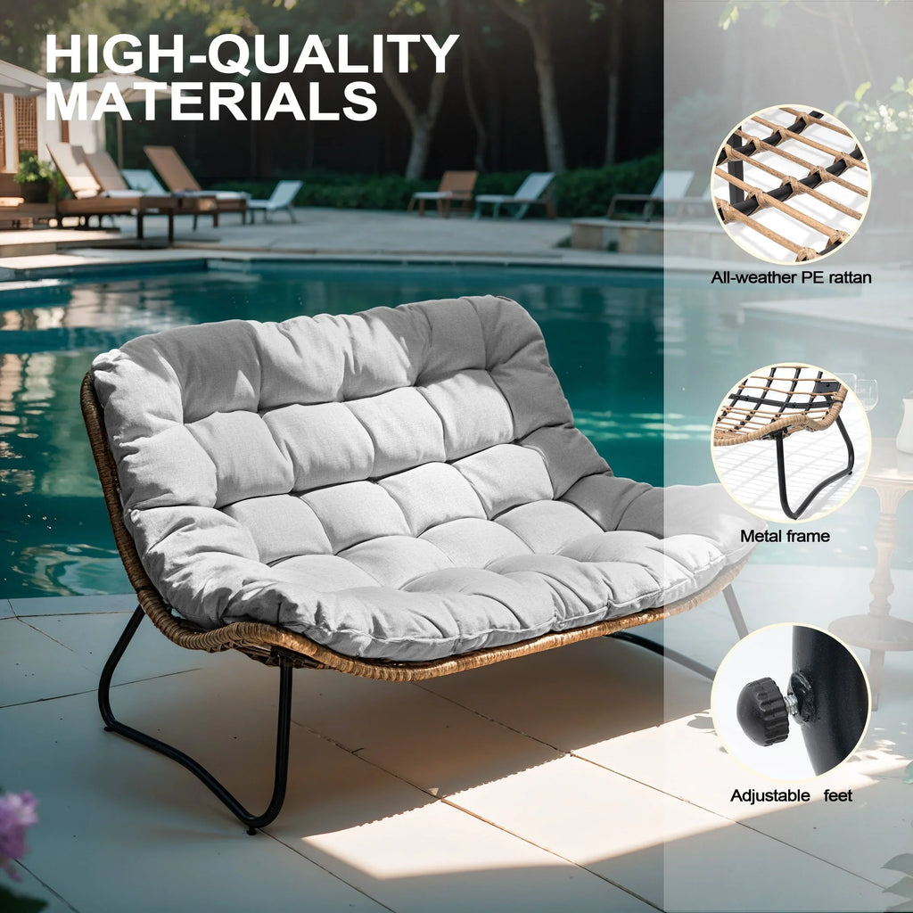 Sofá biplaza doble Papasan con cojín, ratán PE para todo tipo de clima y estructura metálica para interior/exterior