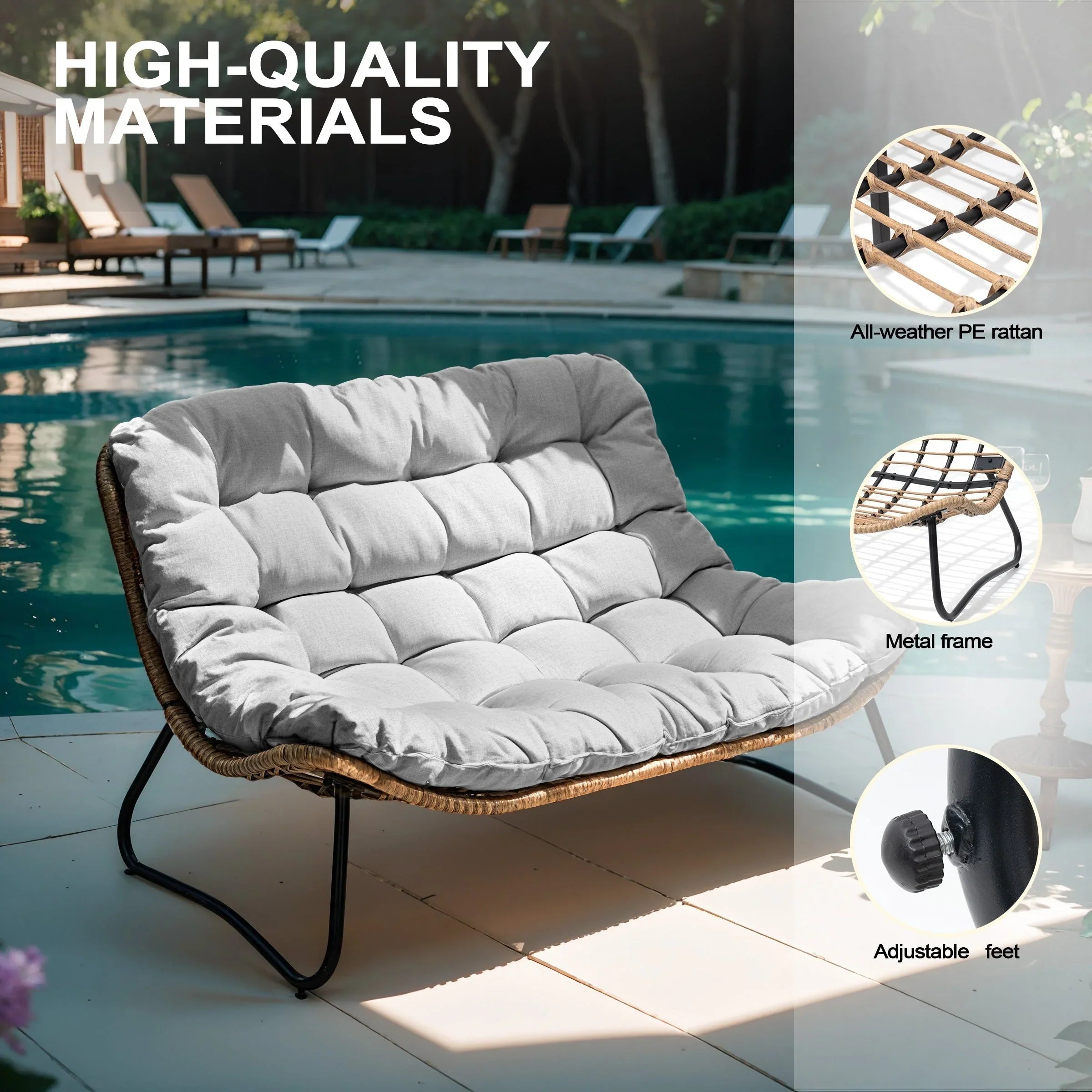 Sofá biplaza doble Papasan con cojín, ratán PE para todo tipo de clima y estructura metálica para interior/exterior