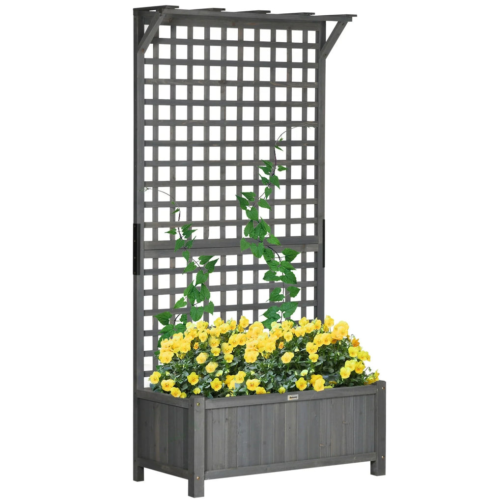 Macetero de madera con celosía, cama de jardín elevada para plantas trepadoras con orificios de drenaje y techo