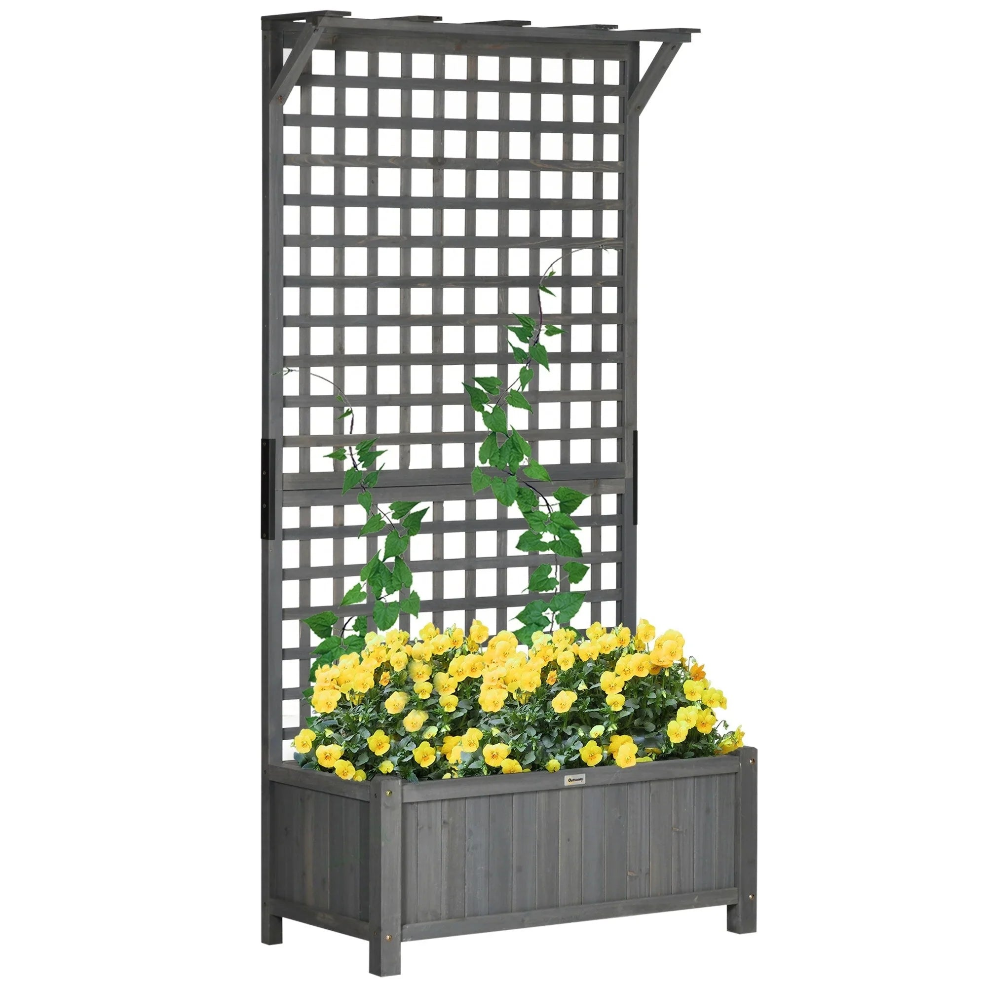 Macetero de madera con celosía, cama de jardín elevada para plantas trepadoras con orificios de drenaje y techo