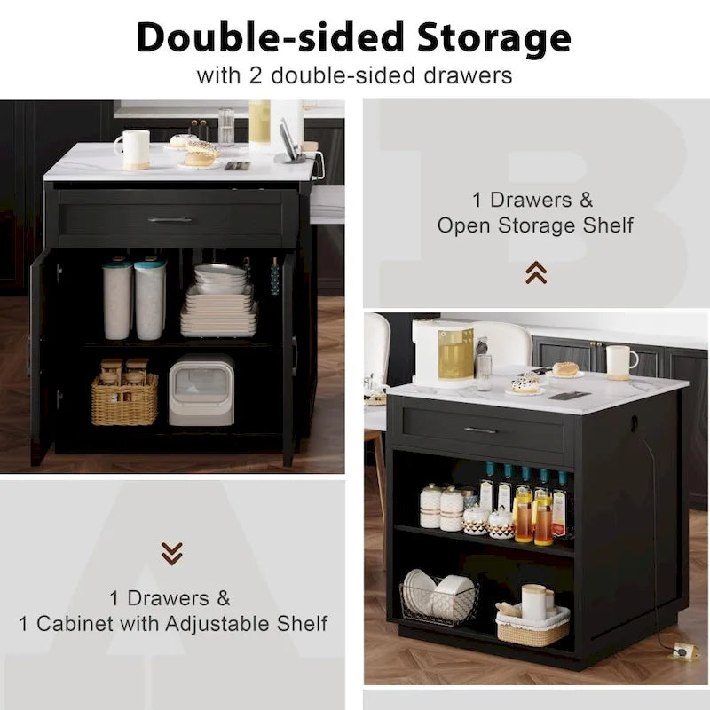 82.7 Isla de cocina de madera para 4-6 personas con mesa de comedor extensible y almacenamiento doble