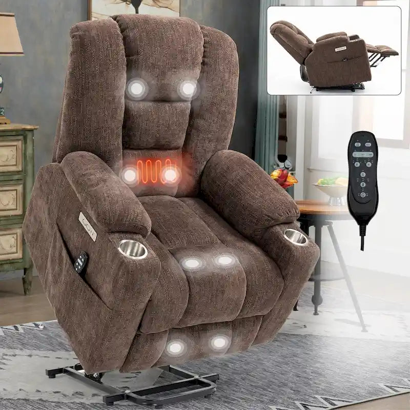 Sillón reclinable Power Lift con masaje y calor, reclinables anchos Lazy Boy extragrandes con USB, puertos tipo C y 2 portavasos de acero