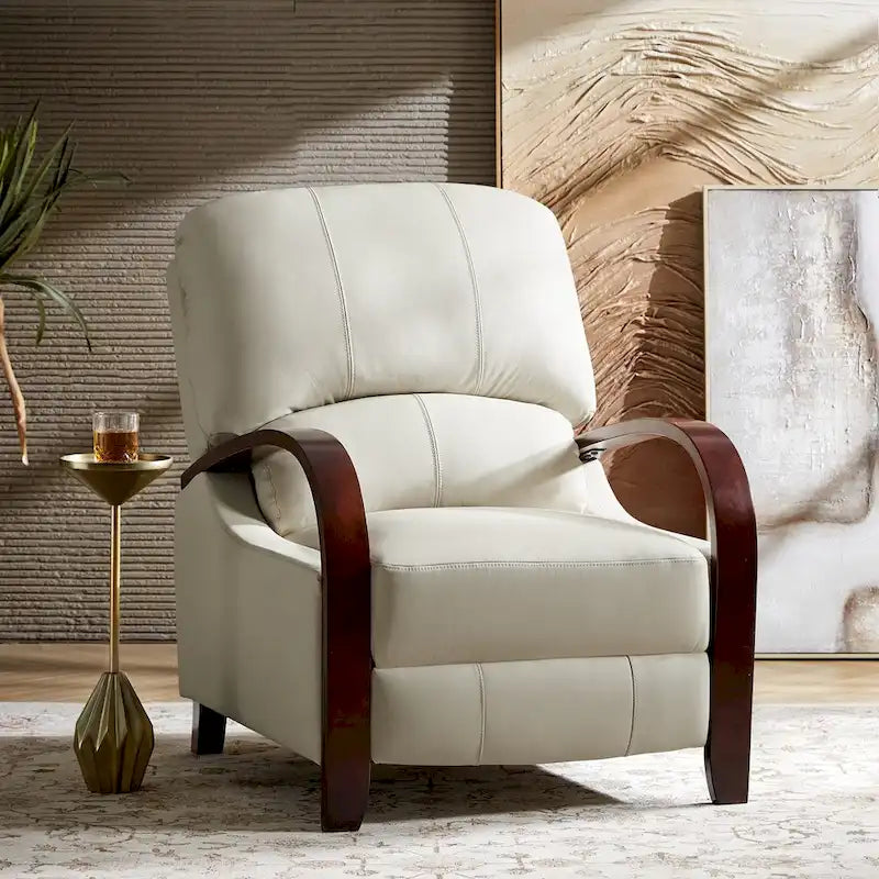Sofá reclinable manual Alex Mid-century Modern Cigar de cuero genuino con brazos curvos de madera