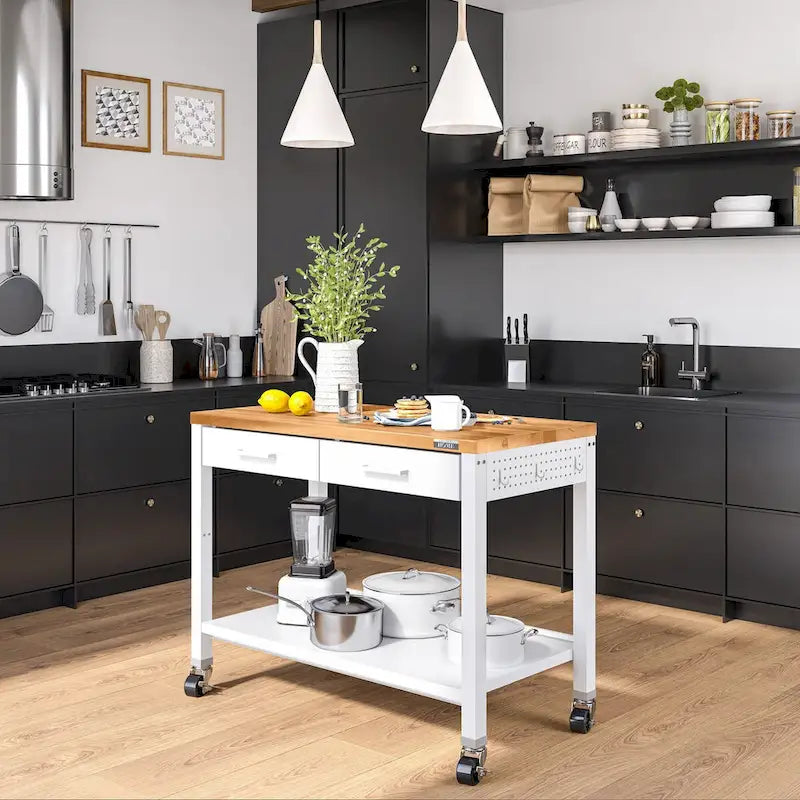 Mesa de trabajo tipo isla con cubierta de madera sólida, 48 ancho x 24 prof. x 36 alt., blanca