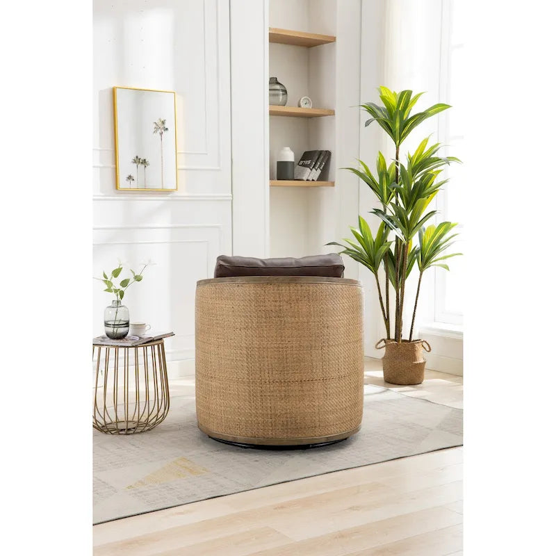 Sillón Giratorio de Barril, Cómodo Sillón Redondo Decorativo, Sillón Club Giratorio de Barril de 360 Grados, Sillón de Ocio con Estructura Tejida de Ratán