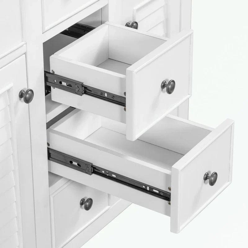 Mueble de baño con lavabo cerámico, dos armarios y cinco cajones