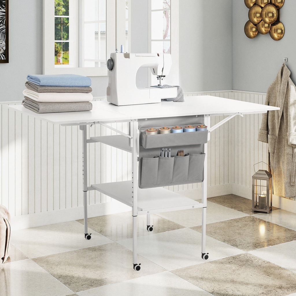 Mesa de manualidades ajustable en altura con estantes de almacenamiento, mesa de corte plegable móvil para oficina en casa, sala de costura, sala de manualidades