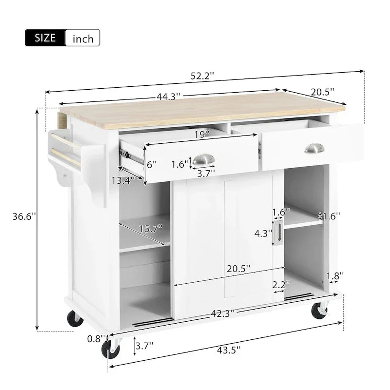 Carro de cocina con encimera de madera de caucho abatible, puerta corredera oculta de granero de altura ajustable, isla de cocina con 4 ruedas