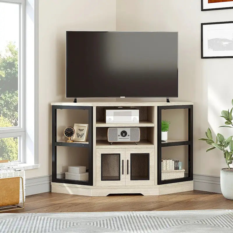 Mueble esquinero para TV estilo rústico, centro de entretenimiento y consola multimedia para televisores de hasta 55 pulgadas con toma de corriente