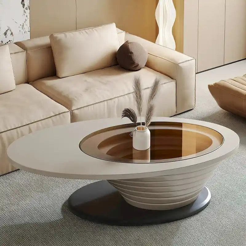 Mesa de centro ovalada moderna minimalista de lujo ligero con tablero de cristal y base gris 51 pulg. - L 51.18' An 25.59' Al 14.37'