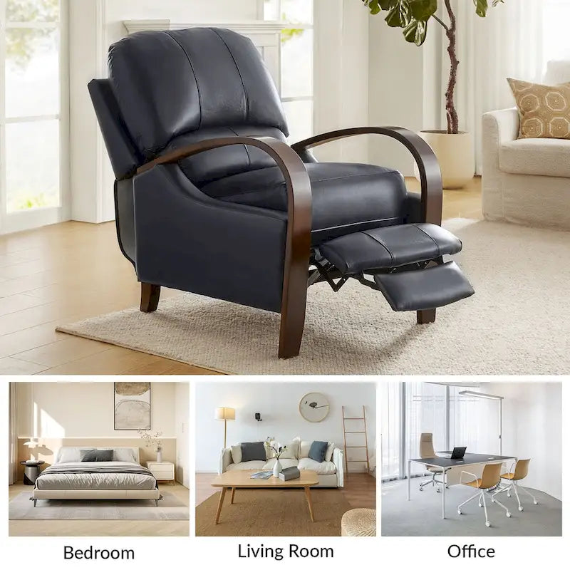 Sofá reclinable manual Alex Mid-century Modern Cigar de cuero genuino con brazos curvos de madera