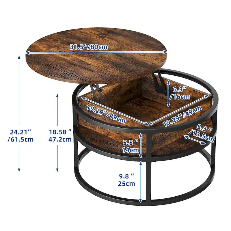 Mesa de centro redonda elevable Moasis Farmhouse con almacenamiento oculto y estante