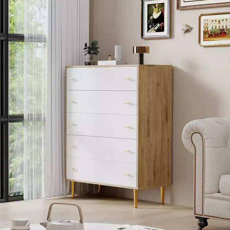 Cómoda rústica de 5 cajones para dormitorio, cómoda alta de madera de 111,76 cm con cajones grandes y tiradores de barra, organizador de cajones para sala de estar