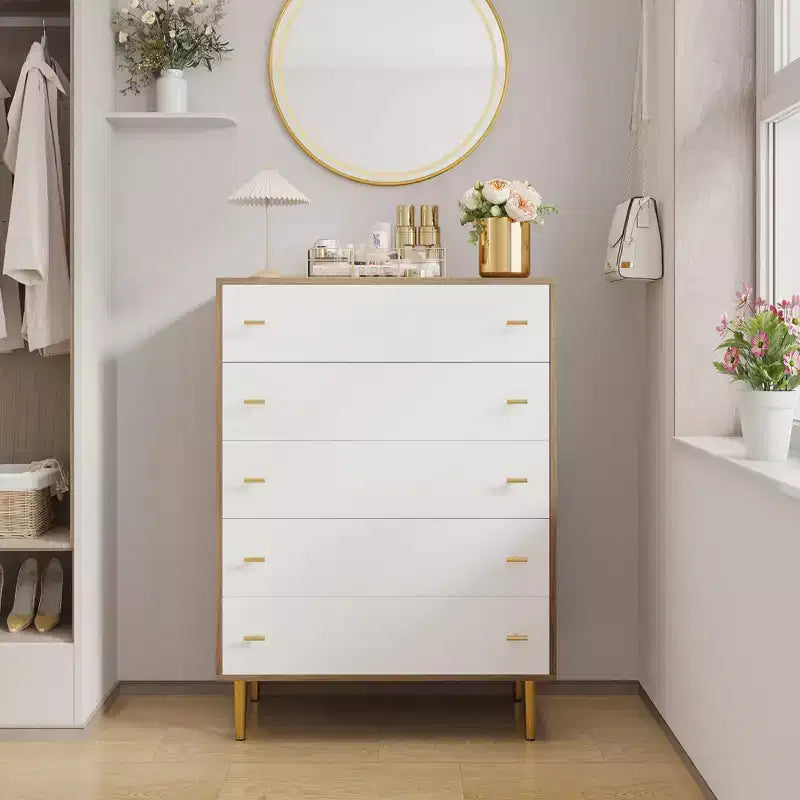 Cómoda rústica de 5 cajones para dormitorio, cómoda alta de madera de 111,76 cm con cajones grandes y tiradores de barra, organizador de cajones para sala de estar