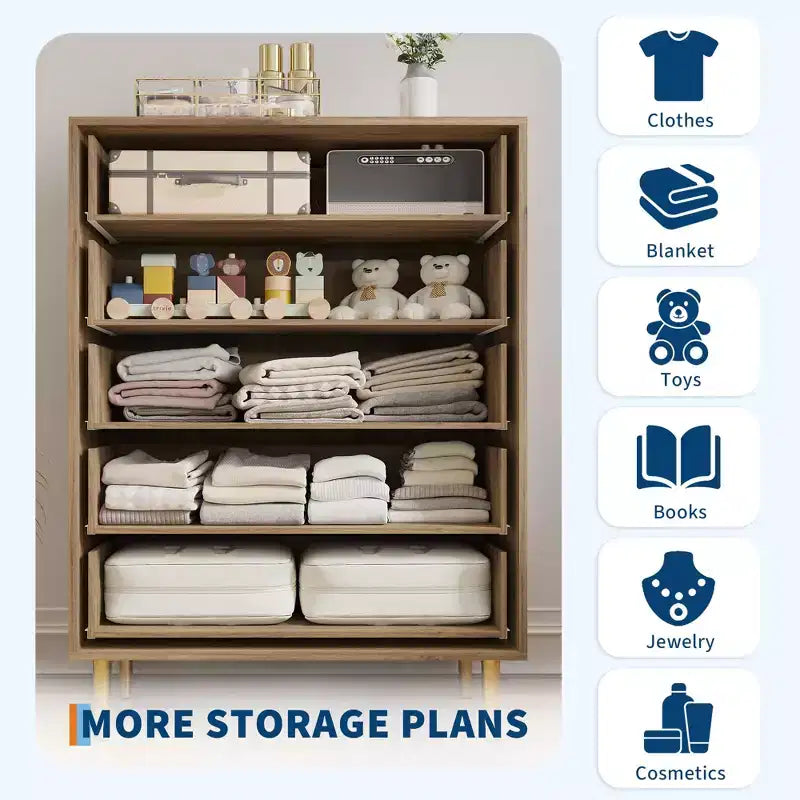 Cómoda rústica de 5 cajones para dormitorio, cómoda alta de madera de 111,76 cm con cajones grandes y tiradores de barra, organizador de cajones para sala de estar