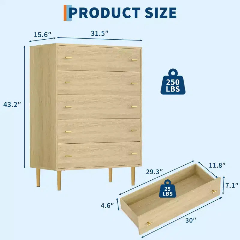 Comò da fattoria a 5 cassetti per camera da letto, comò alto 111 cm in legno rustico con cassetti grandi e maniglie a barra, organizer per cassetti per soggiorno
