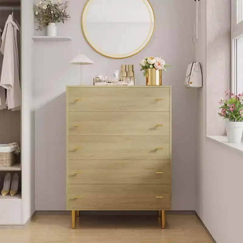 Comò da fattoria a 5 cassetti per camera da letto, comò alto 111 cm in legno rustico con cassetti grandi e maniglie a barra, organizer per cassetti per soggiorno