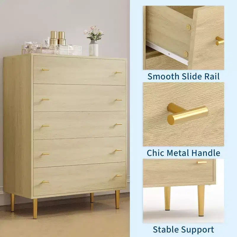 Cómoda rústica de 5 cajones para dormitorio, cómoda alta de madera de 111,76 cm con cajones grandes y tiradores de barra, organizador de cajones para sala de estar