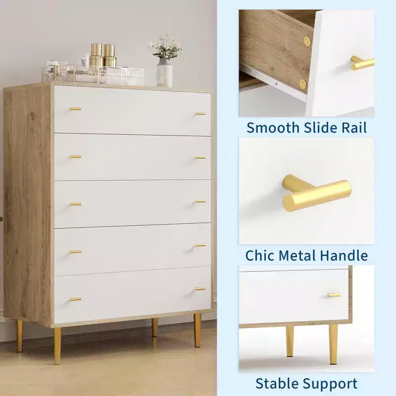 Cómoda rústica de 5 cajones para dormitorio, cómoda alta de madera de 111,76 cm con cajones grandes y tiradores de barra, organizador de cajones para sala de estar