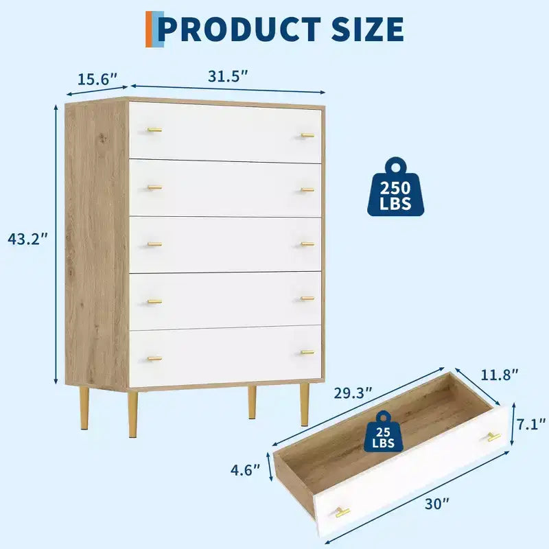 Cómoda rústica de 5 cajones para dormitorio, cómoda alta de madera de 111,76 cm con cajones grandes y tiradores de barra, organizador de cajones para sala de estar