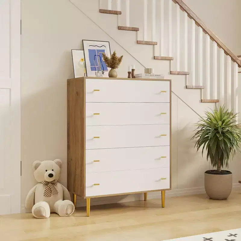 Comò da fattoria a 5 cassetti per camera da letto, comò alto 111 cm in legno rustico con cassetti grandi e maniglie a barra, organizer per cassetti per soggiorno