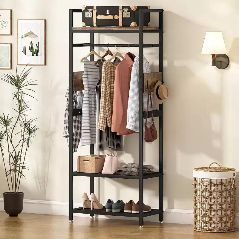 Stender appendiabiti autoportante alto 175 cm con 3 ripiani e ganci - Organizzatore per armadio industriale, marrone e nero