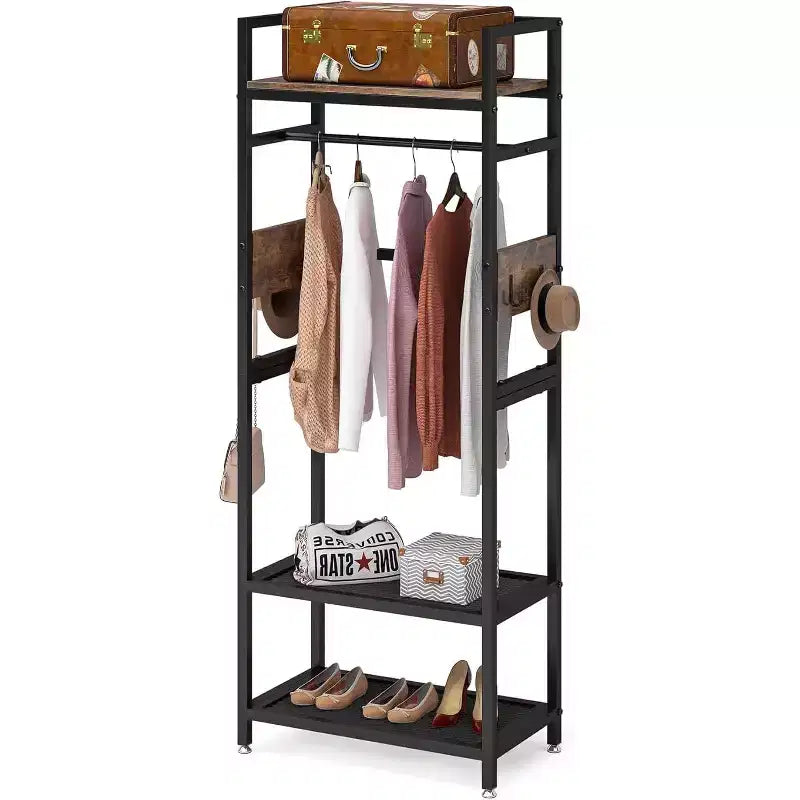 Stender appendiabiti autoportante alto 175 cm con 3 ripiani e ganci - Organizzatore per armadio industriale, marrone e nero