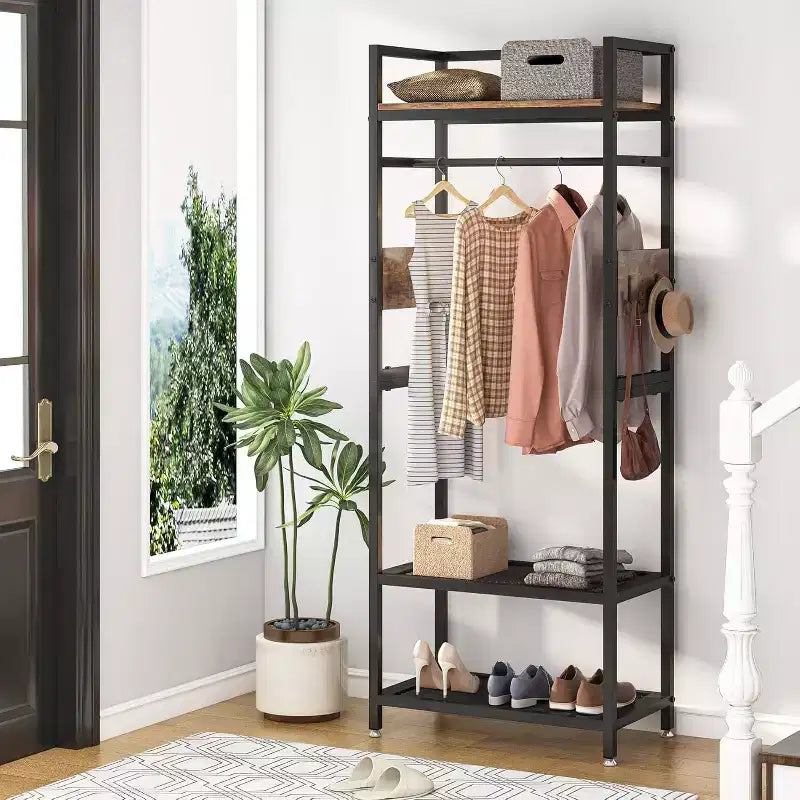 Stender appendiabiti autoportante alto 175 cm con 3 ripiani e ganci - Organizzatore per armadio industriale, marrone e nero