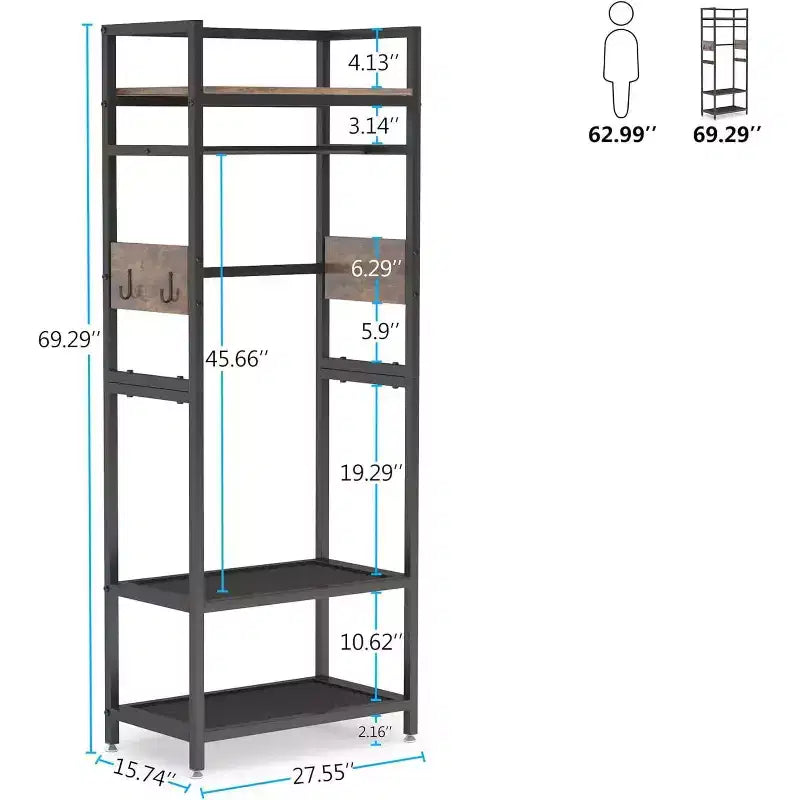 Stender appendiabiti autoportante alto 175 cm con 3 ripiani e ganci - Organizzatore per armadio industriale, marrone e nero
