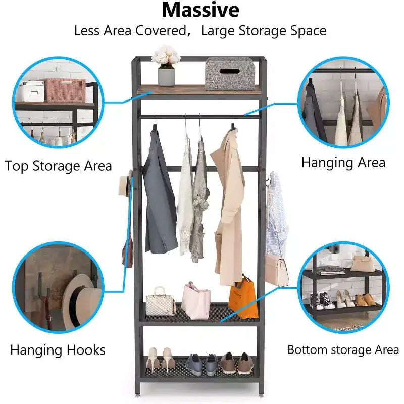 Stender appendiabiti autoportante alto 175 cm con 3 ripiani e ganci - Organizzatore per armadio industriale, marrone e nero